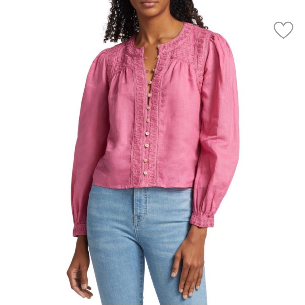 Veronica Beard Mysie Pink Embroidered Long‎ Sleeve Button-Front Top Sz 2